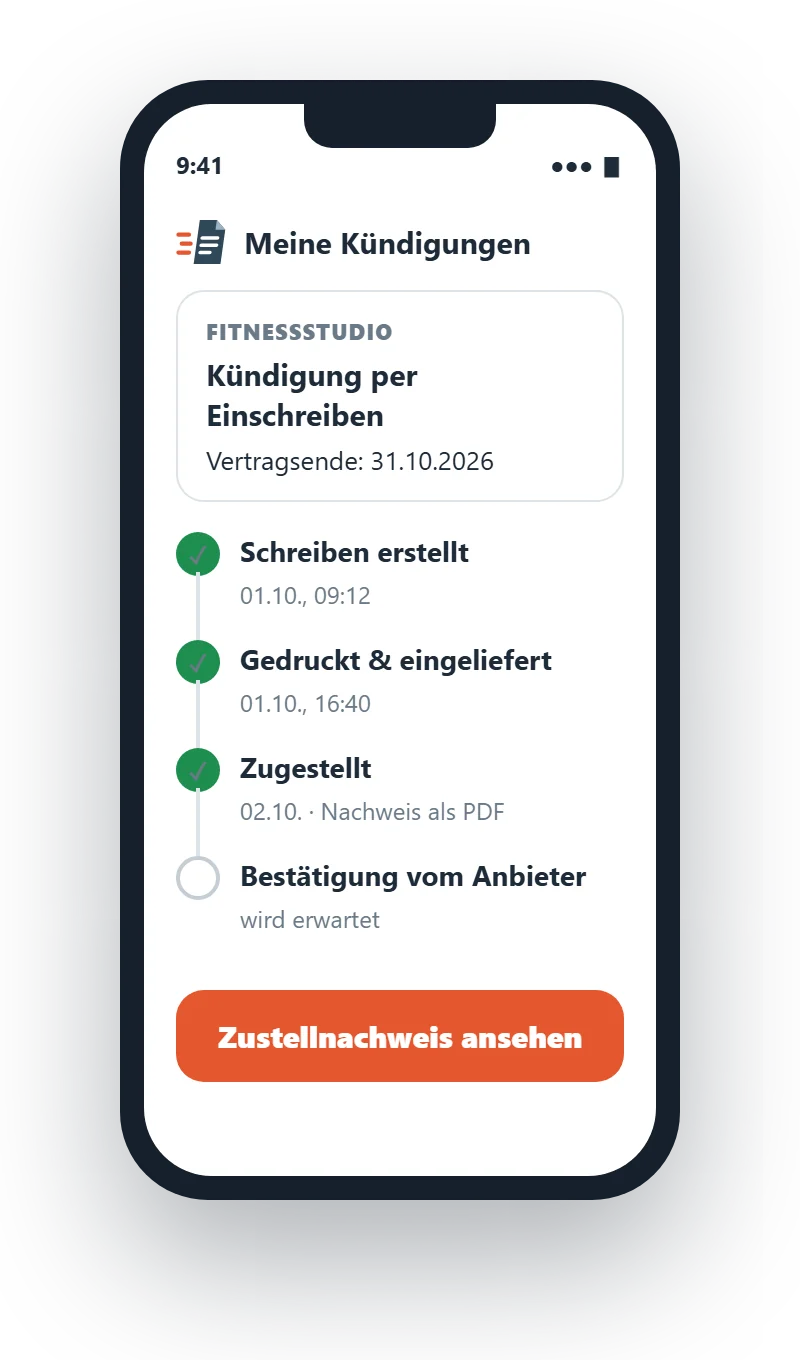Zackraus auf dem Handy: Status der Kündigung mit Zustellnachweis