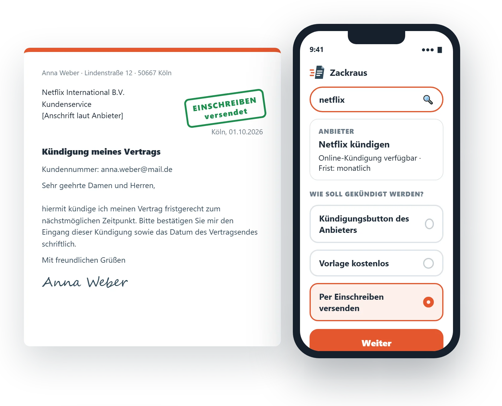 Kündigungsschreiben und die Zackraus-App auf dem Handy